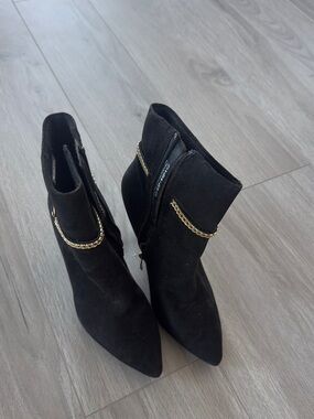 Women's Black Suede Ankle Boots with Gold Chain Accent